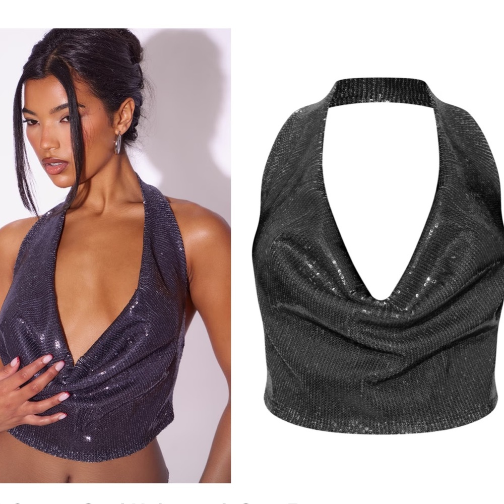 Black Sequin Cowl Halterneck Crop Top